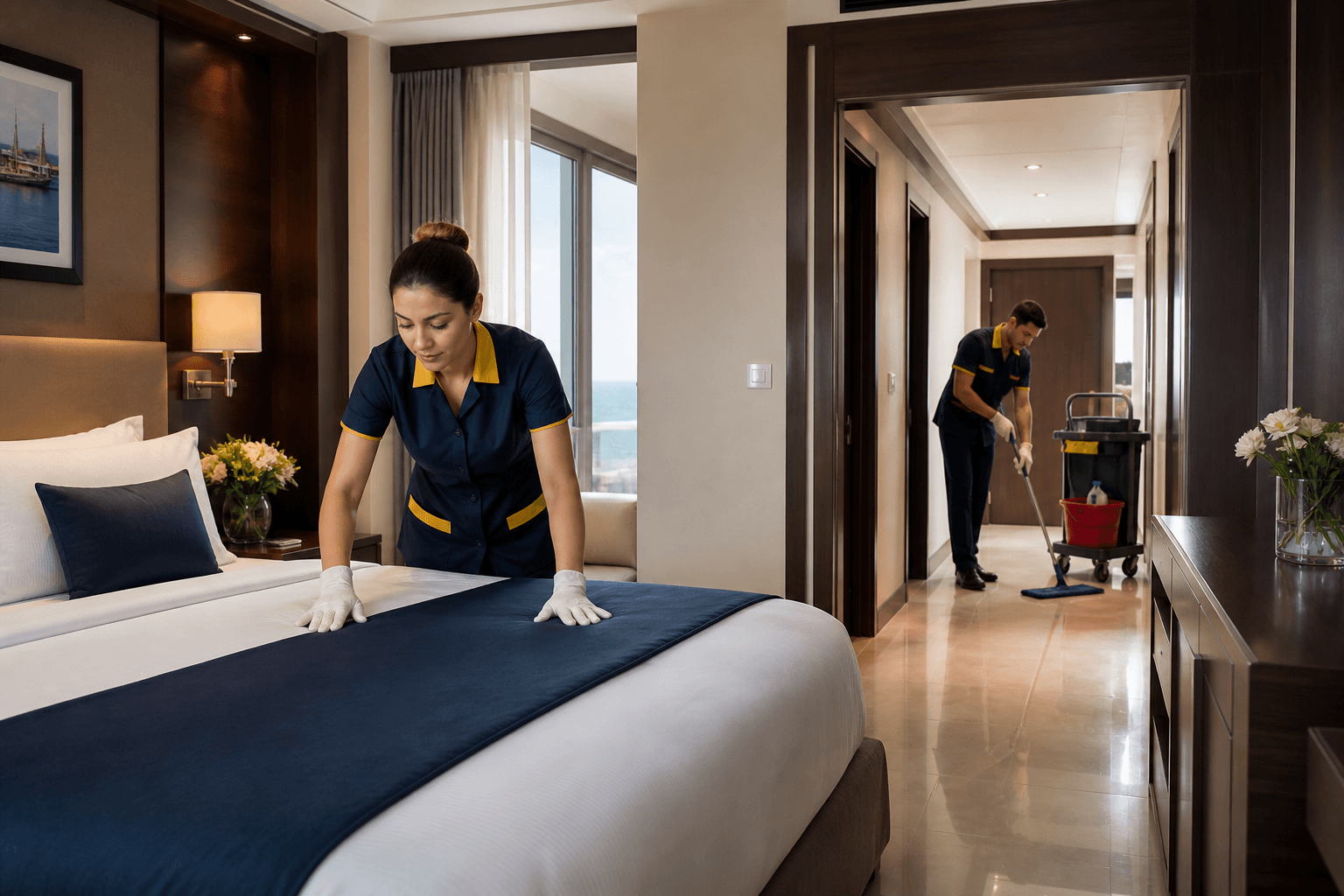 Samsun otel temizliği — odada ve koridorda profesyonel kat hizmetleri ekibi